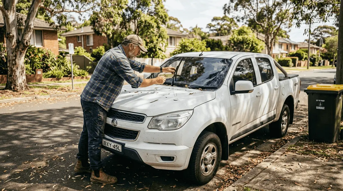 Australian man inspects ute windshield wipers