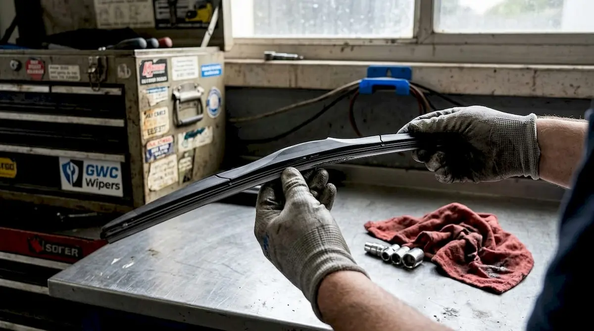 Hands holding beam style wiper blade