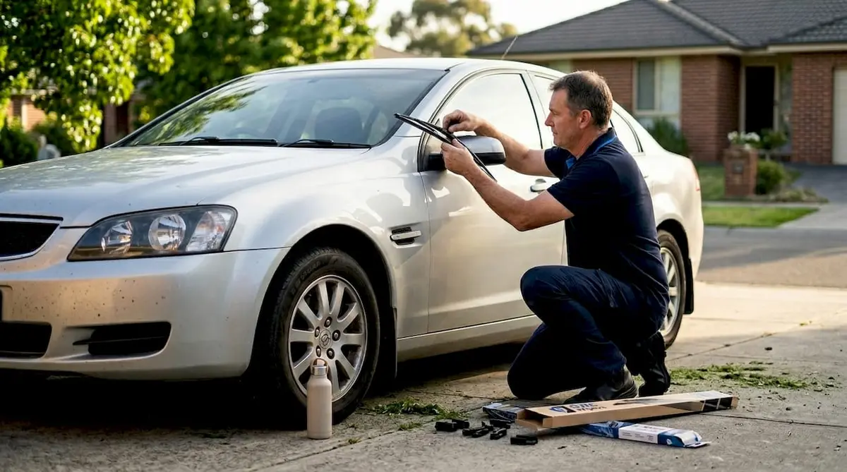Mechanic installing universal wiper blade on car