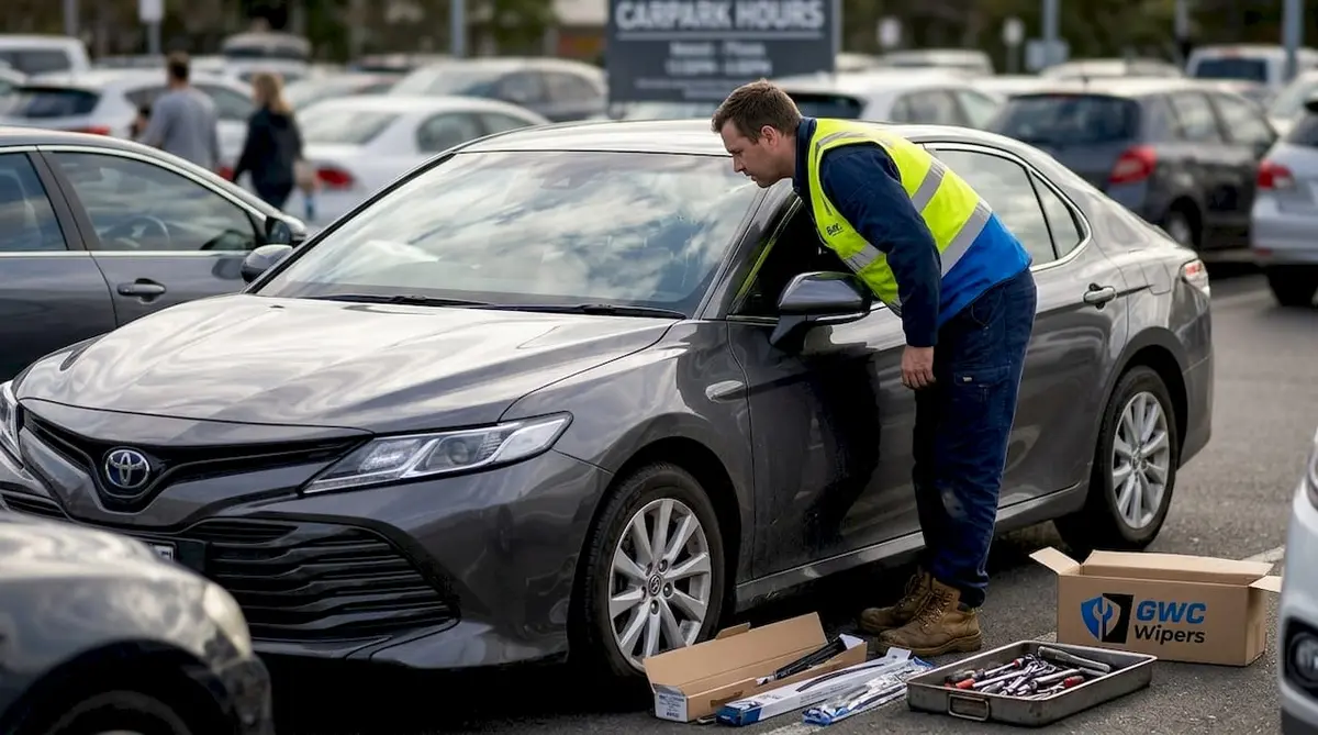 Mechanic inspecting wiper blades on parked car