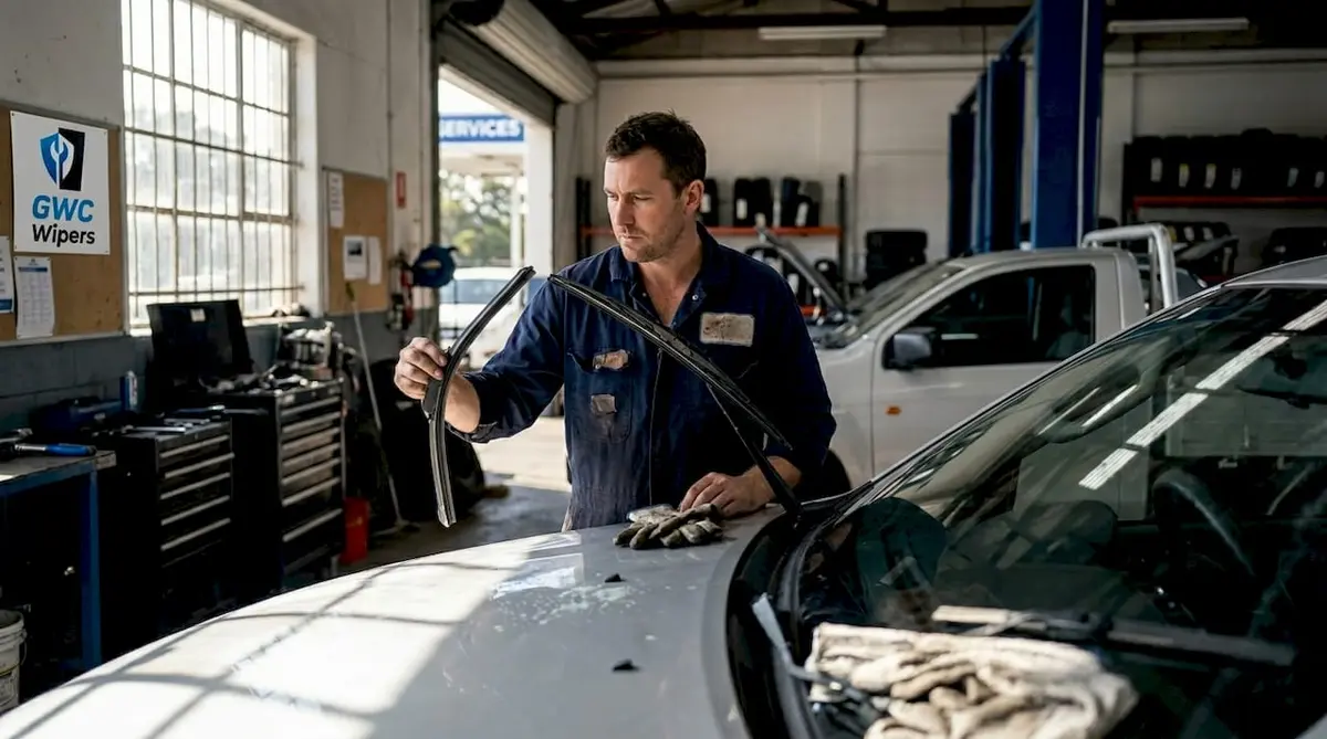 Mechanic inspects heavy-duty wiper blade in workshop