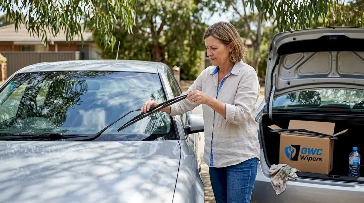 Car owner replacing wiper blade in driveway
