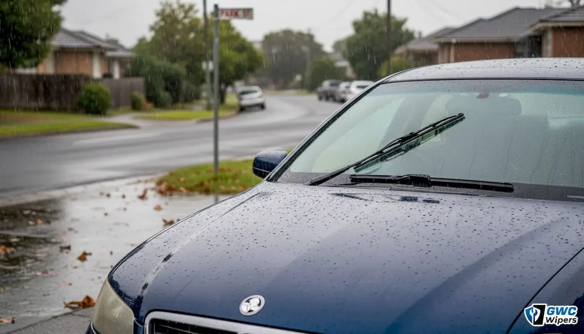 Car wiper blade clearing rain in Sydney street
