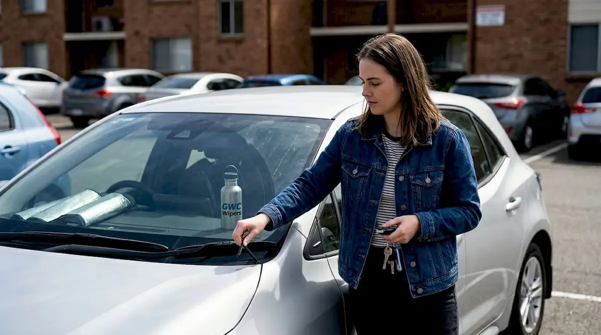 Woman checking worn wiper blades on car