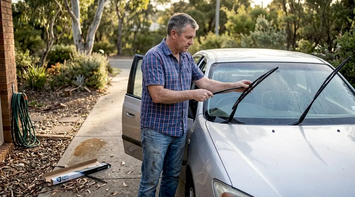 Driver inspecting windshield wipers in driveway