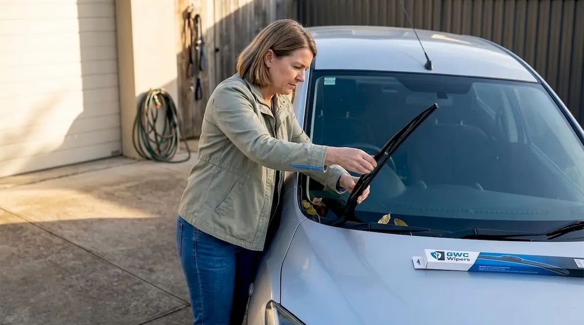 Driver installing wiper blade in driveway