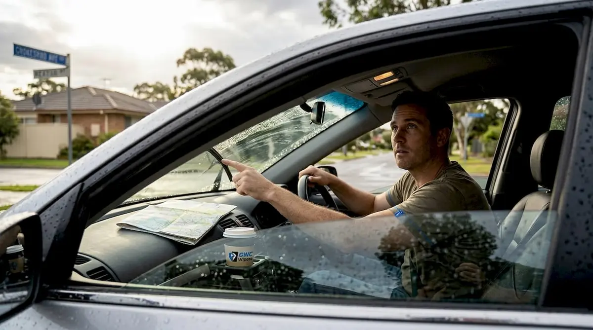 Driver checking wiper blades after rainstorm