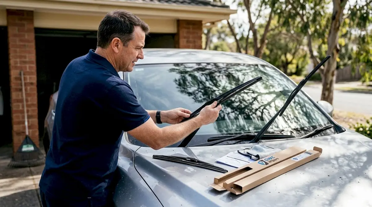Person installing new wiper blade on SUV