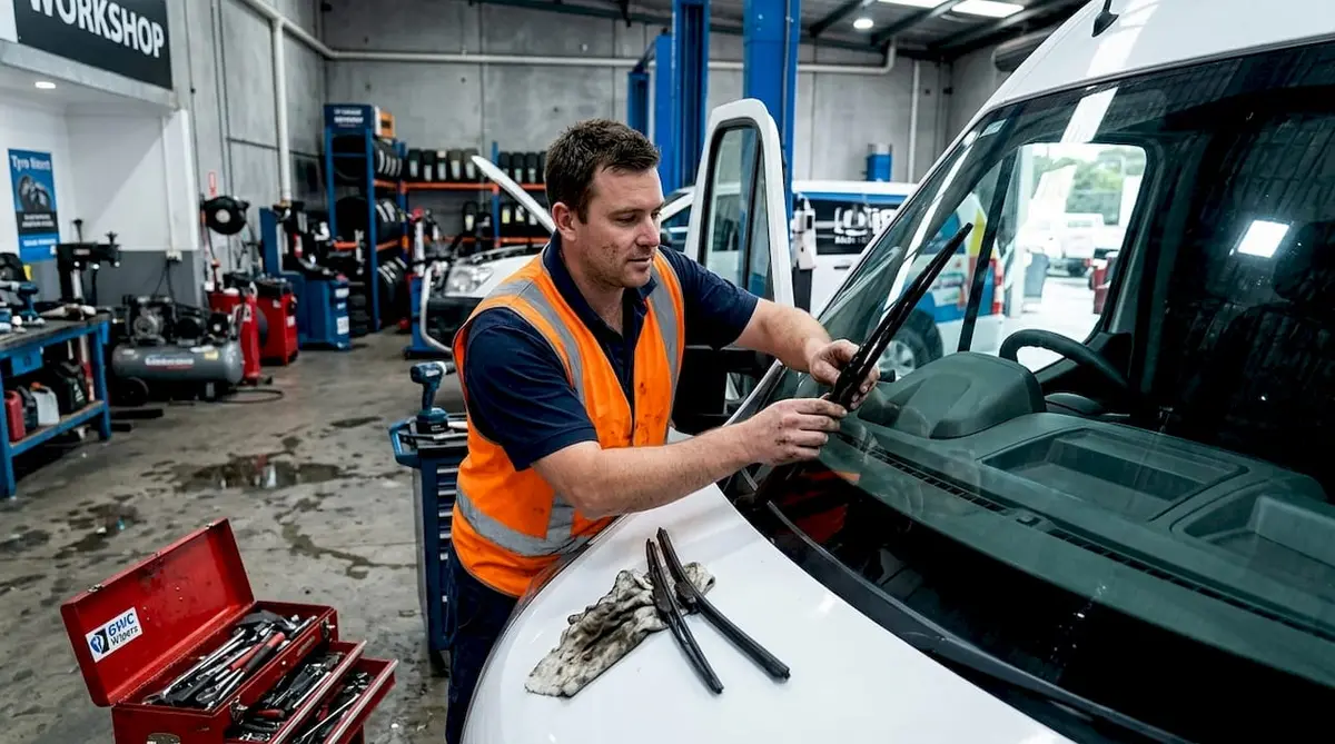 Fleet mechanic changing van wiper blade