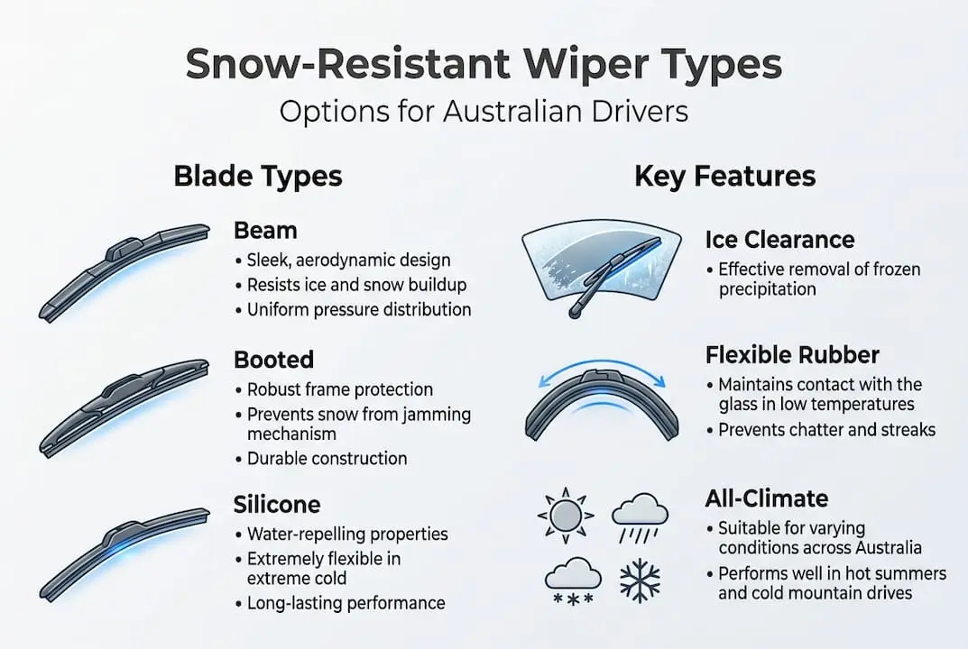Infographic showing snow wiper blade types and features