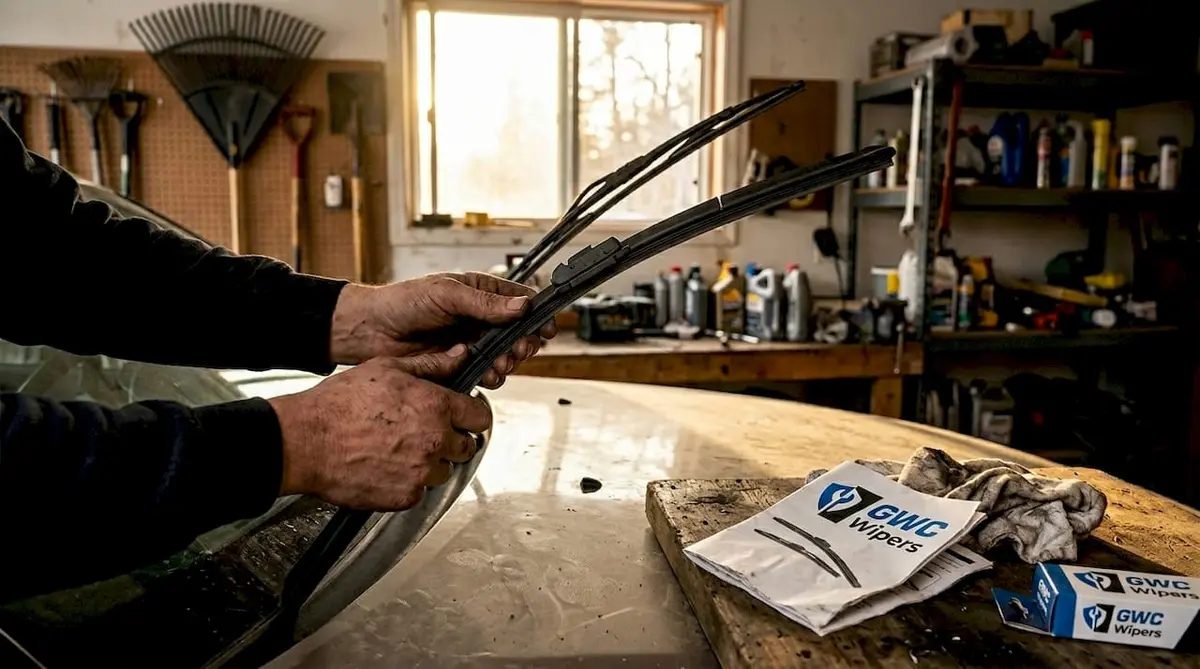 Mechanic’s hands installing winter wiper blade
