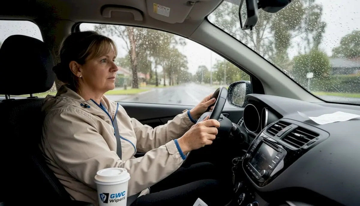 Driver navigating rain with clear windshield