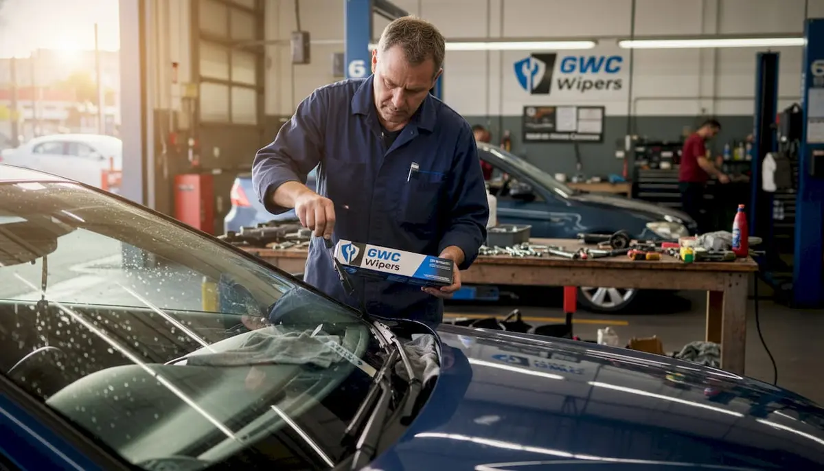 Mechanic fitting wiper blade in auto shop