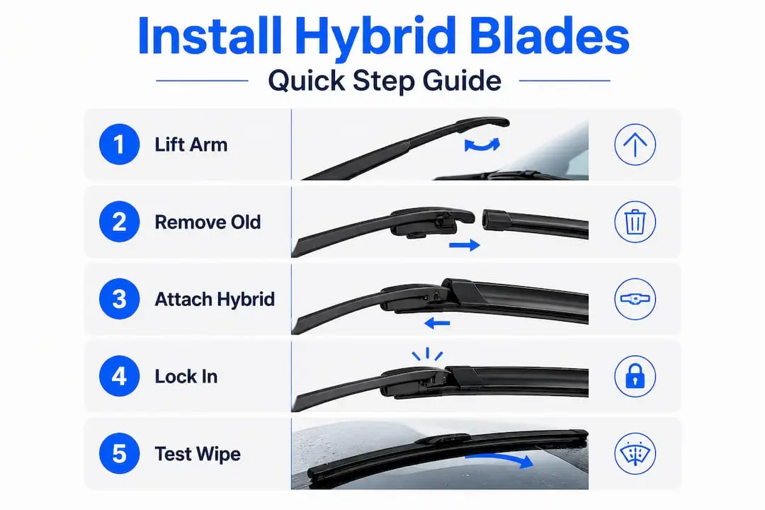 Infographic with hybrid wiper blade installation steps