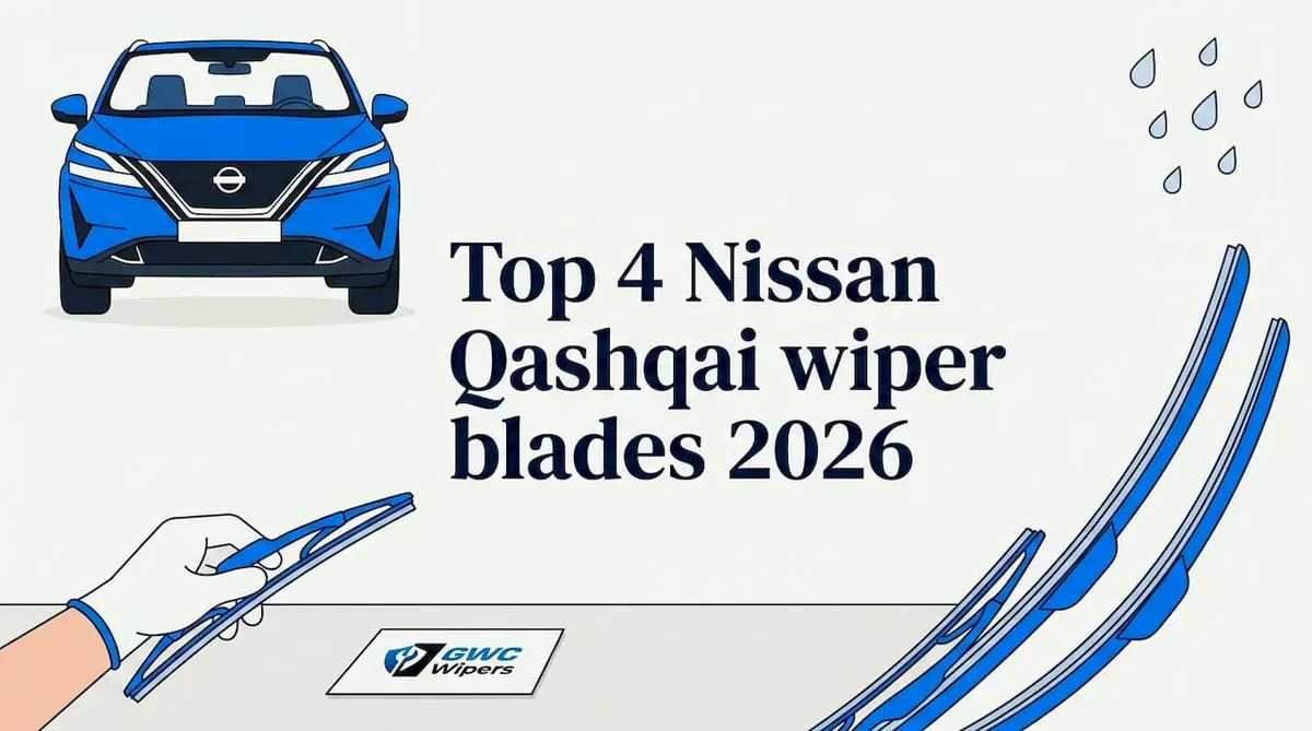 Editorial title card with Nissan Qashqai and wiper blade illustrations