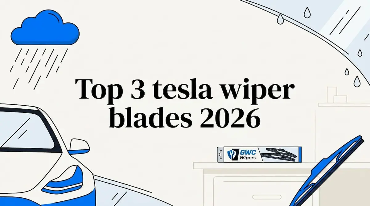 Title card with Tesla car, wiper blade, rain illustration