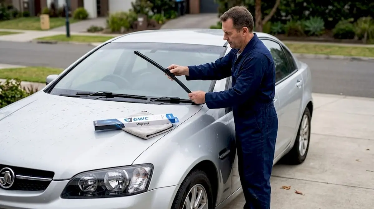Mechanic installing wiper blade on VE Commodore