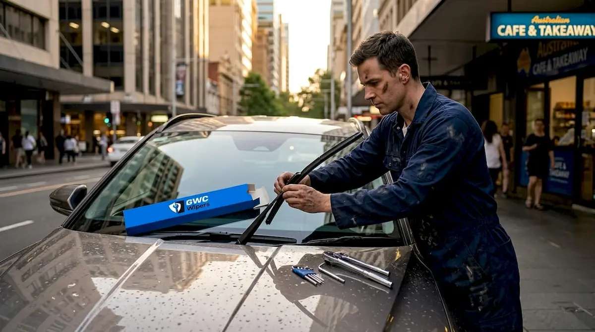 Technician replacing Hyundai Tucson wiper blades in driveway