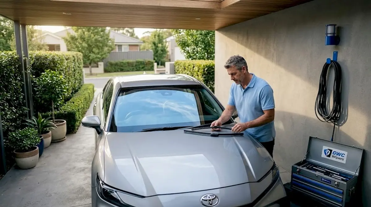 Owner inspecting wiper blades on Toyota Camry