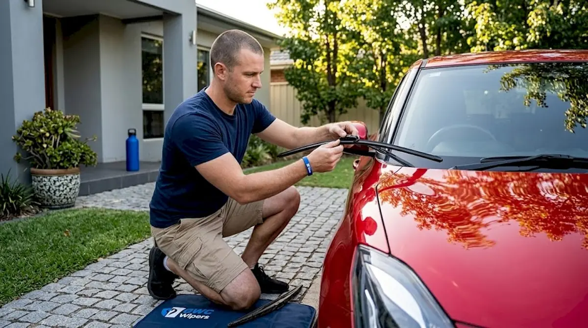 Person installs wiper blade on red Suzuki Swift