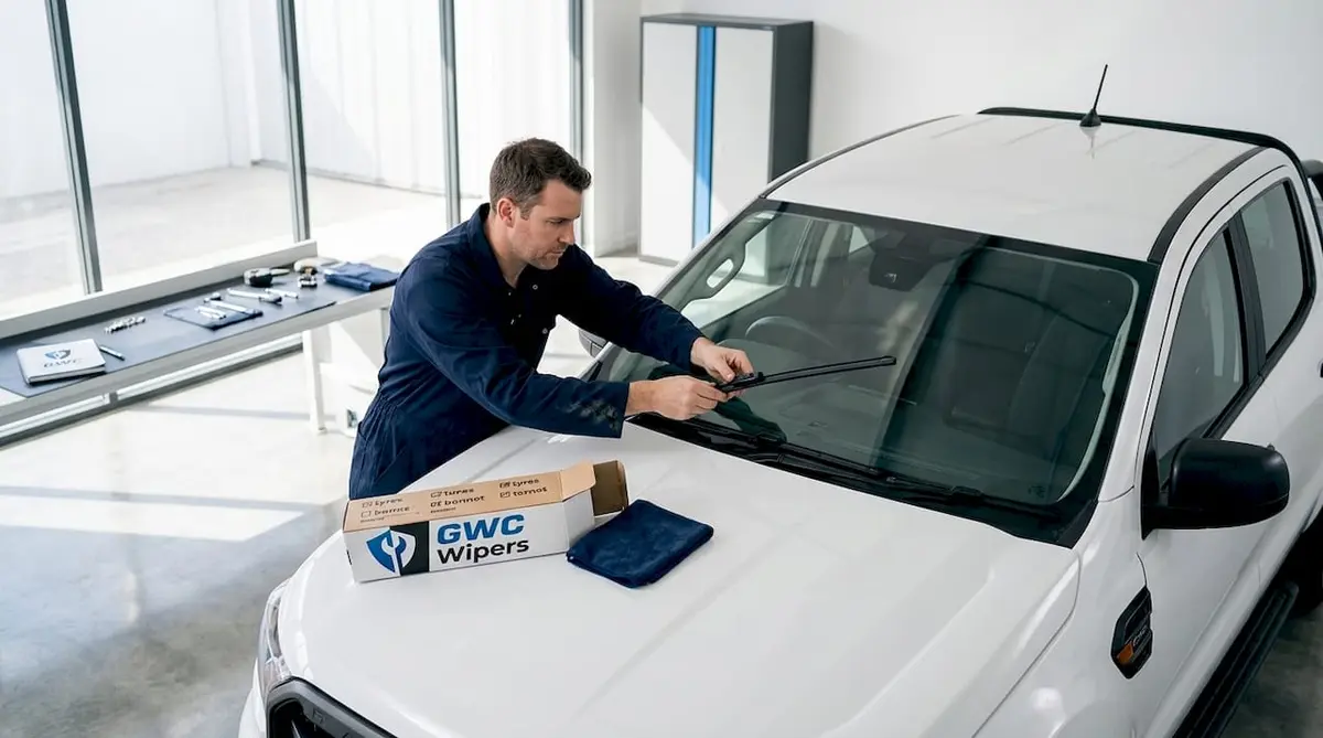 Mechanic changing wiper blades on white ute