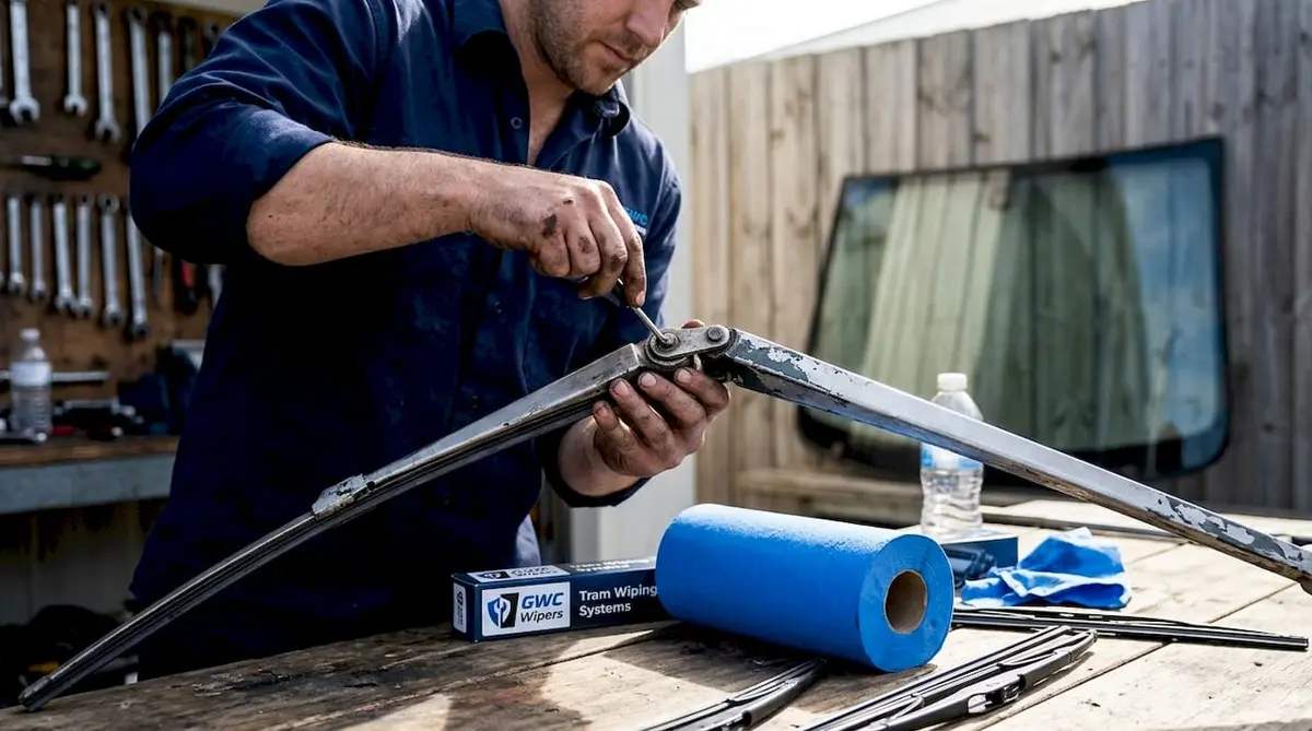 Mechanic checking tram wiper arm in workshop