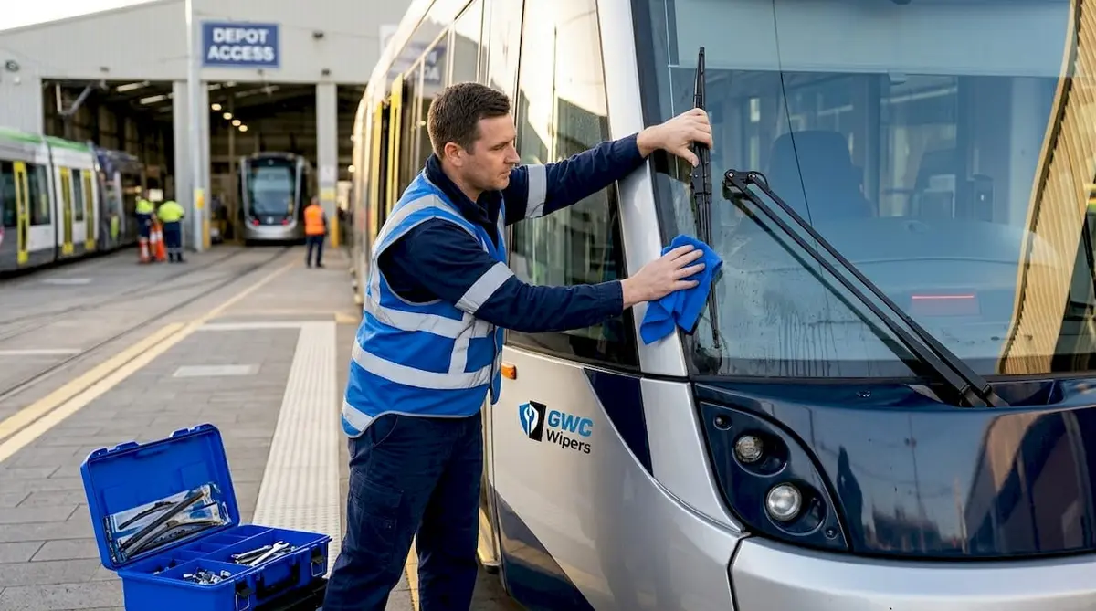 Technician maintaining tram windshield wiper outdoors