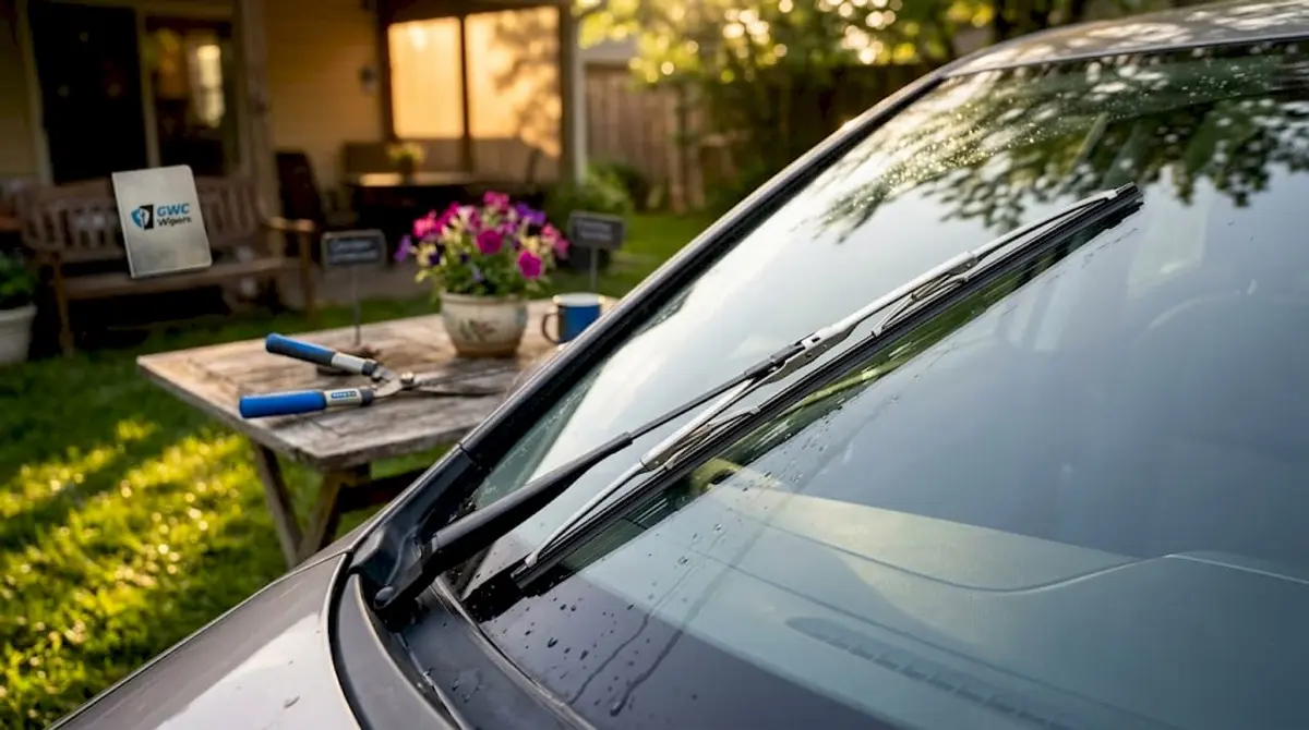 Stainless steel wiper blade on windshield