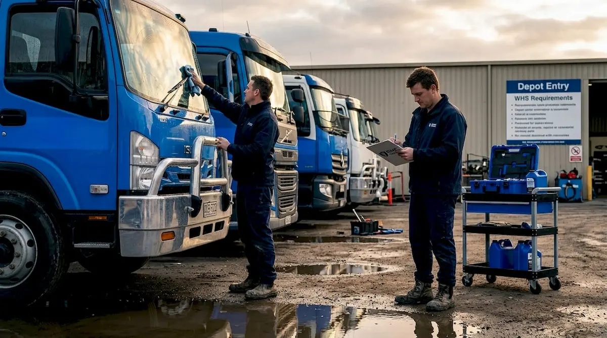 Fleet workers inspecting wiper blades after rain