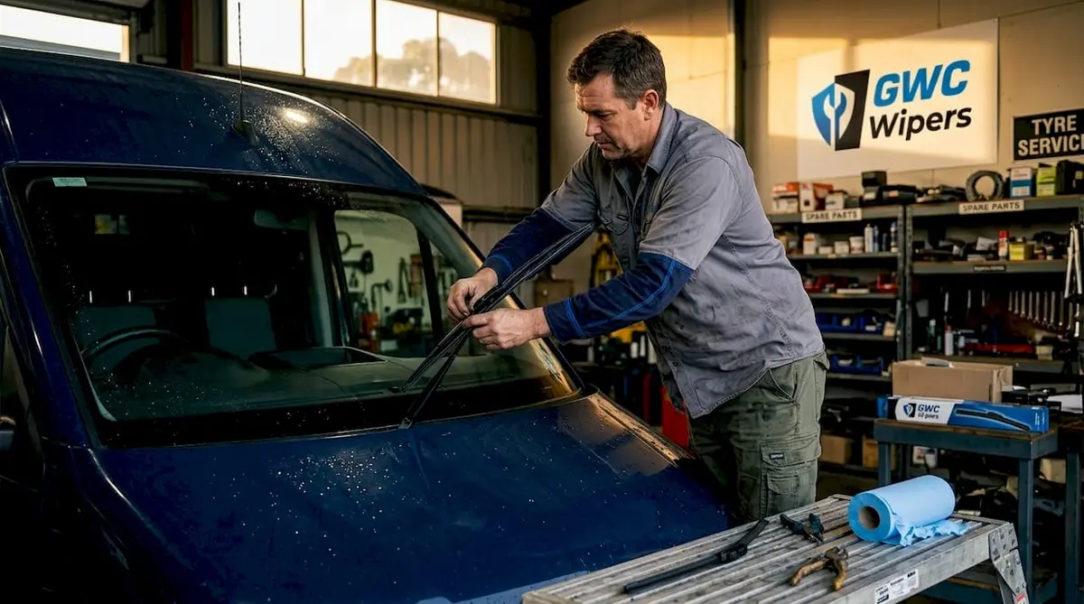 Mechanic changing van wiper blade in garage