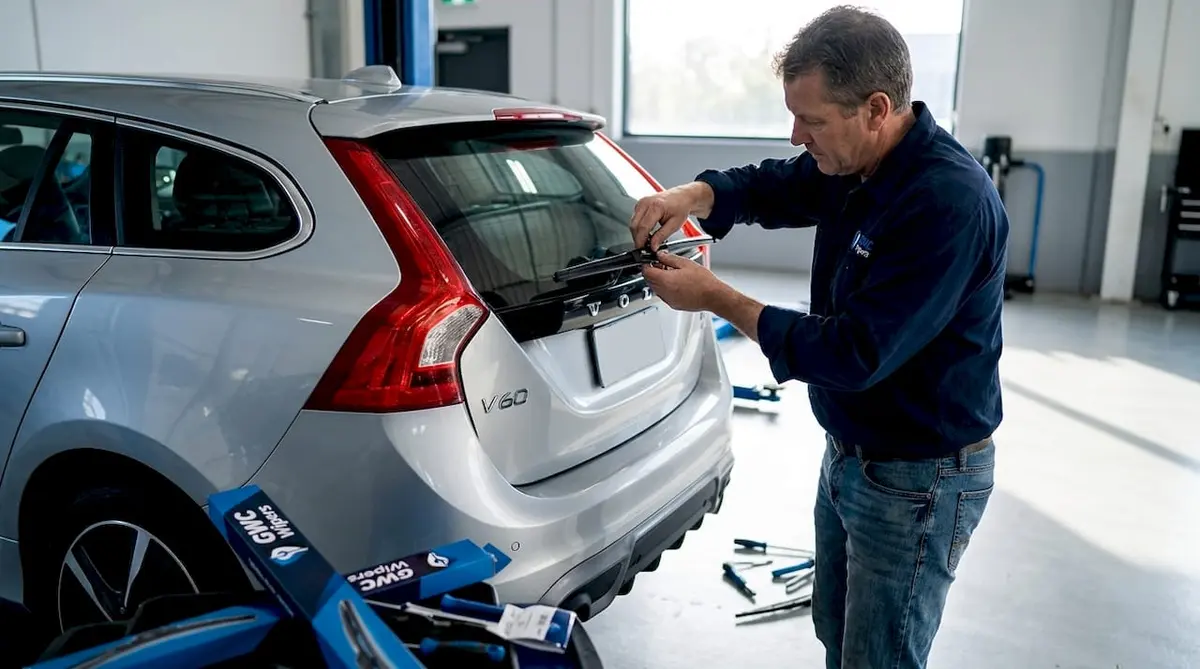 Mechanic fitting rear wiper blade on Volvo