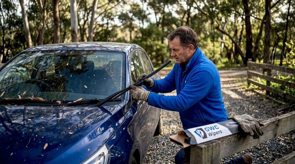 Driver installs new wiper blade in driveway