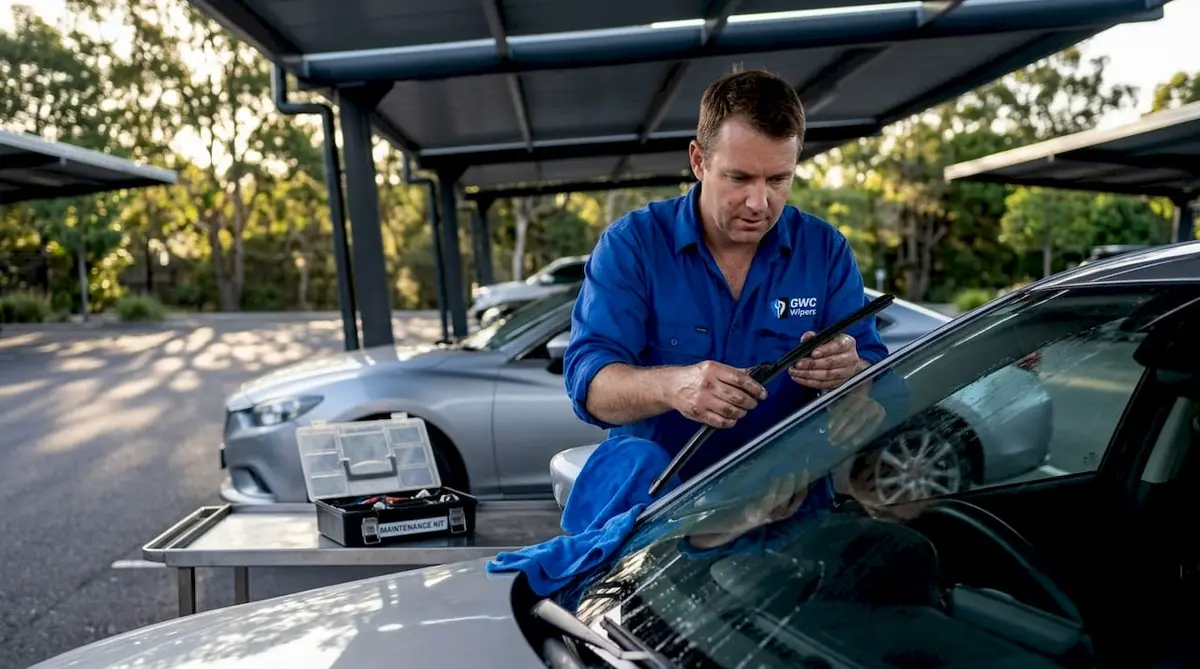 Mechanic examines wiper blade on car windshield