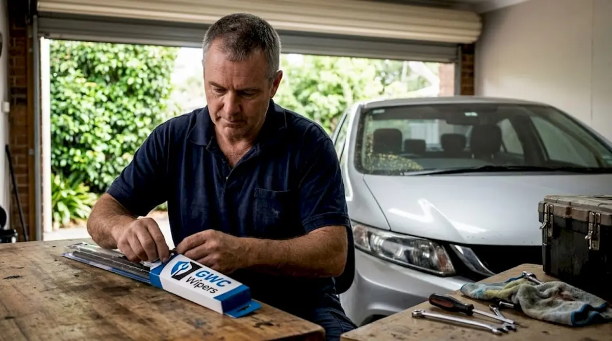 Honda driver prepares new wiper blade in garage