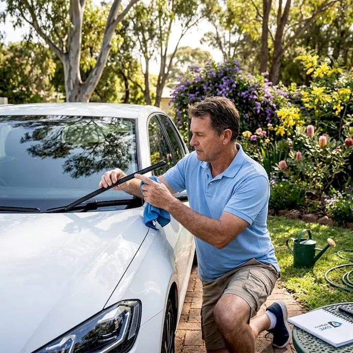 Driver inspecting car wiper blades at home