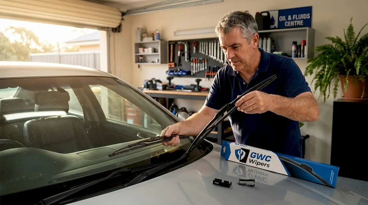 Man changing wiper blades in driveway