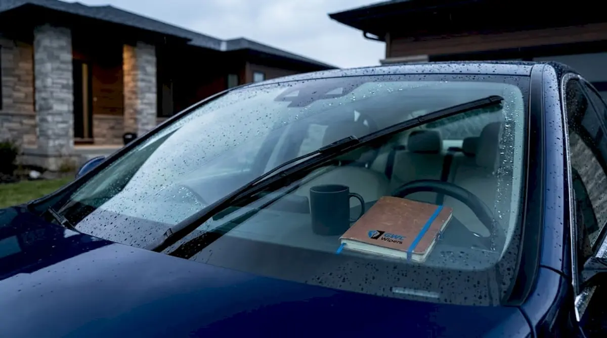 Wiper blade sweeping windshield during rain
