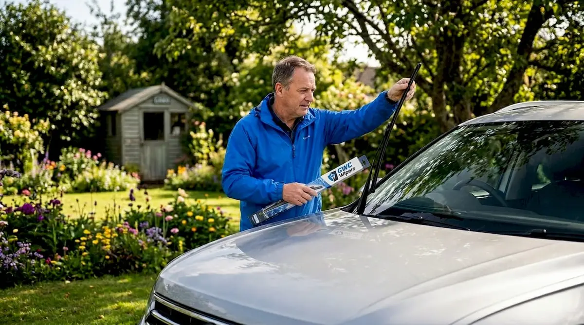 Driver replacing wiper blade insert on suburban SUV