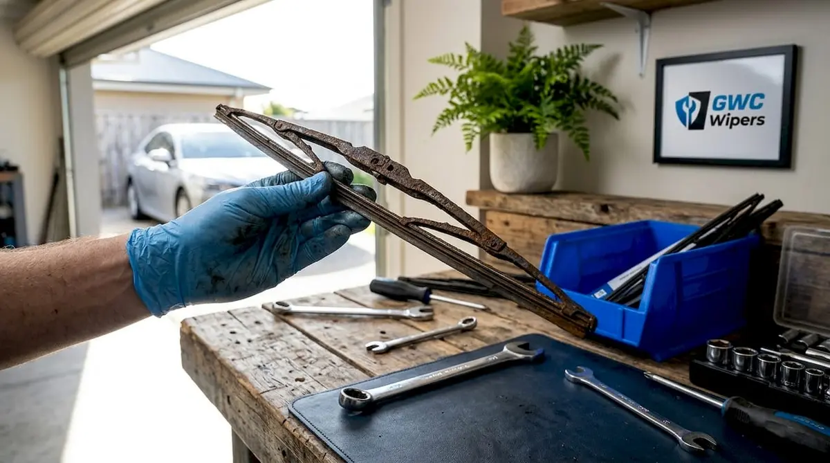 Inspecting old corroded wiper blade frame