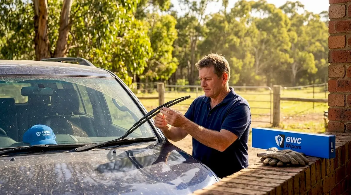 Australian driver examining windshield wiper blade