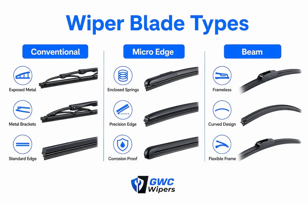 Infographic comparing conventional, micro edge, and beam wiper blades