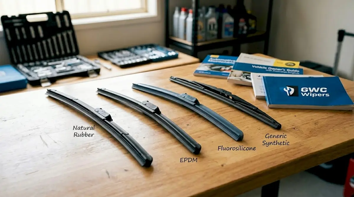 Four wiper blades showing varied rubber types side by side