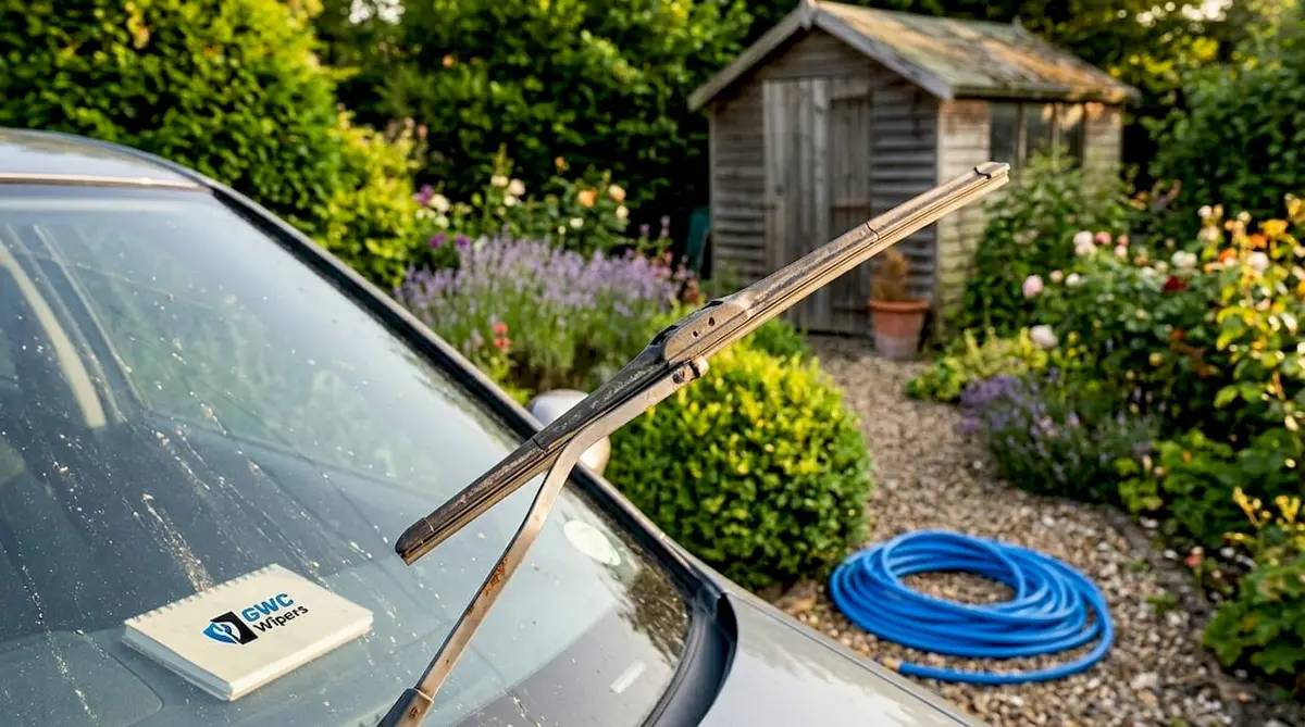 Close-up of car windshield wiper blade on windshield