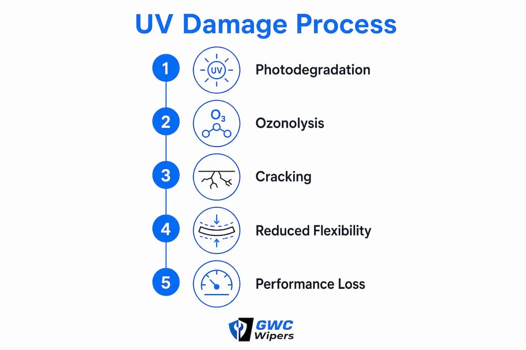 Infographic showing five key steps of UV damage to wiper blades