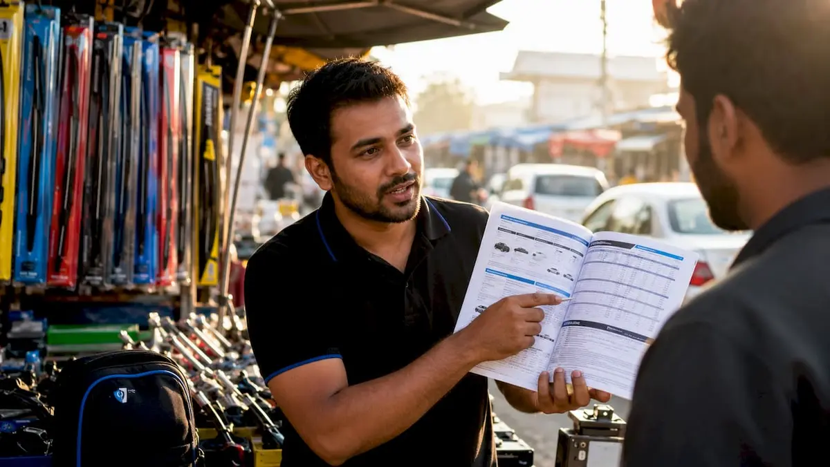 Retail employee showing wiper guide booklet