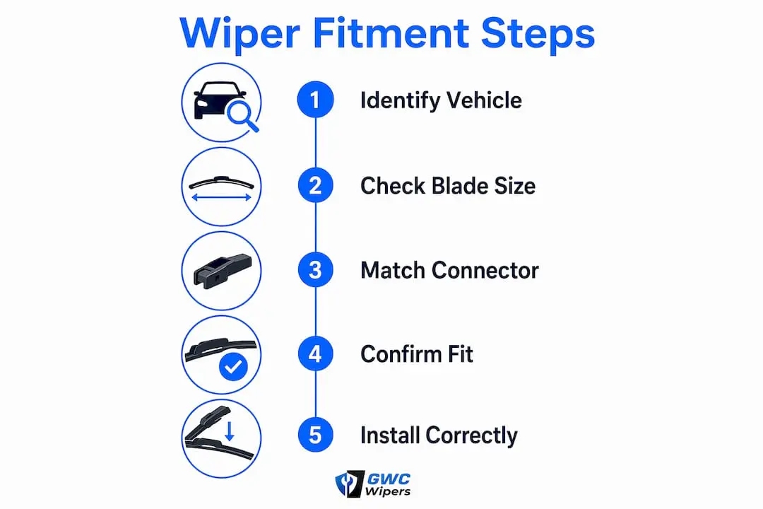 Infographic outlining steps to fit windshield wipers correctly