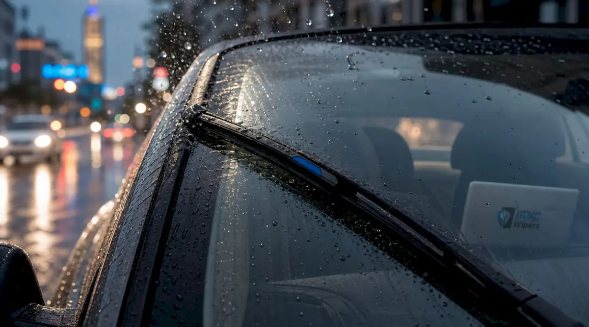 Close-up of curved wiper blade wiping windshield