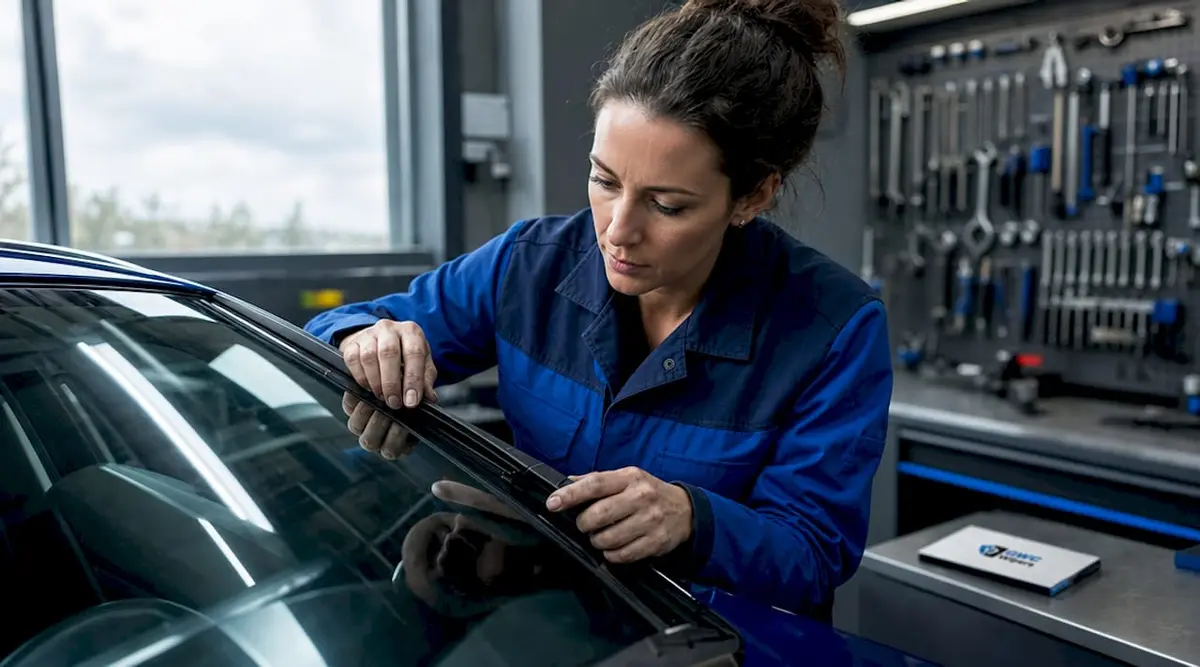 Technician inspecting curved wiper blade on windshield