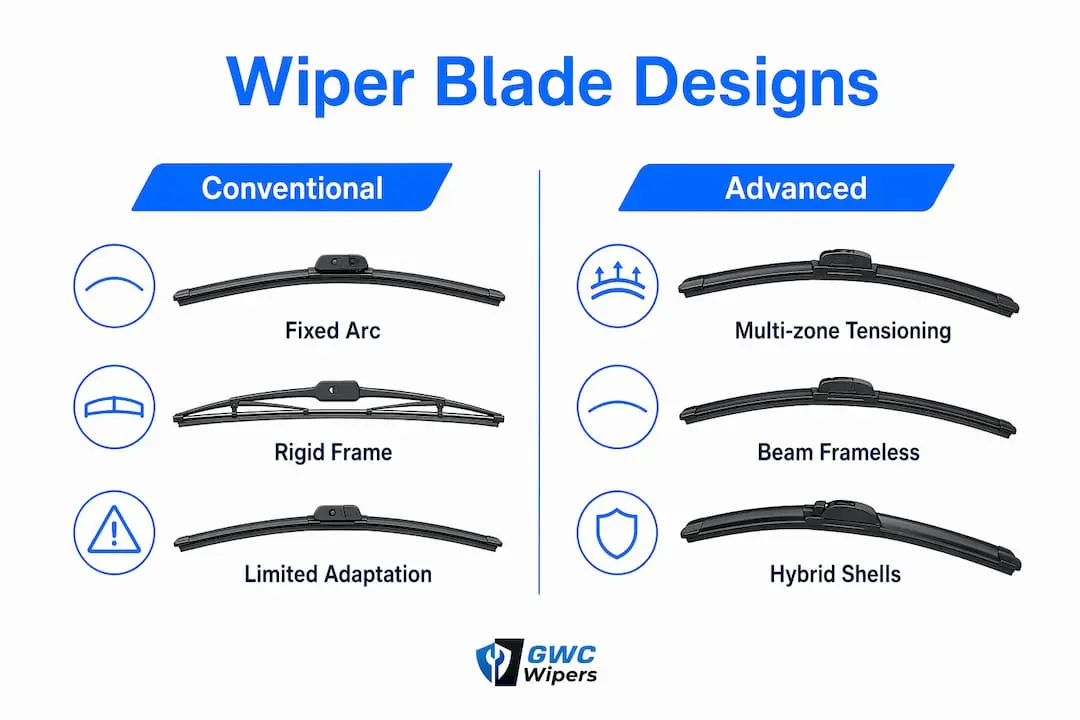 Infographic comparing conventional and advanced wiper blade designs