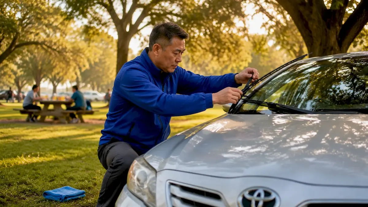 Man fitting wipers on Toyota windshield